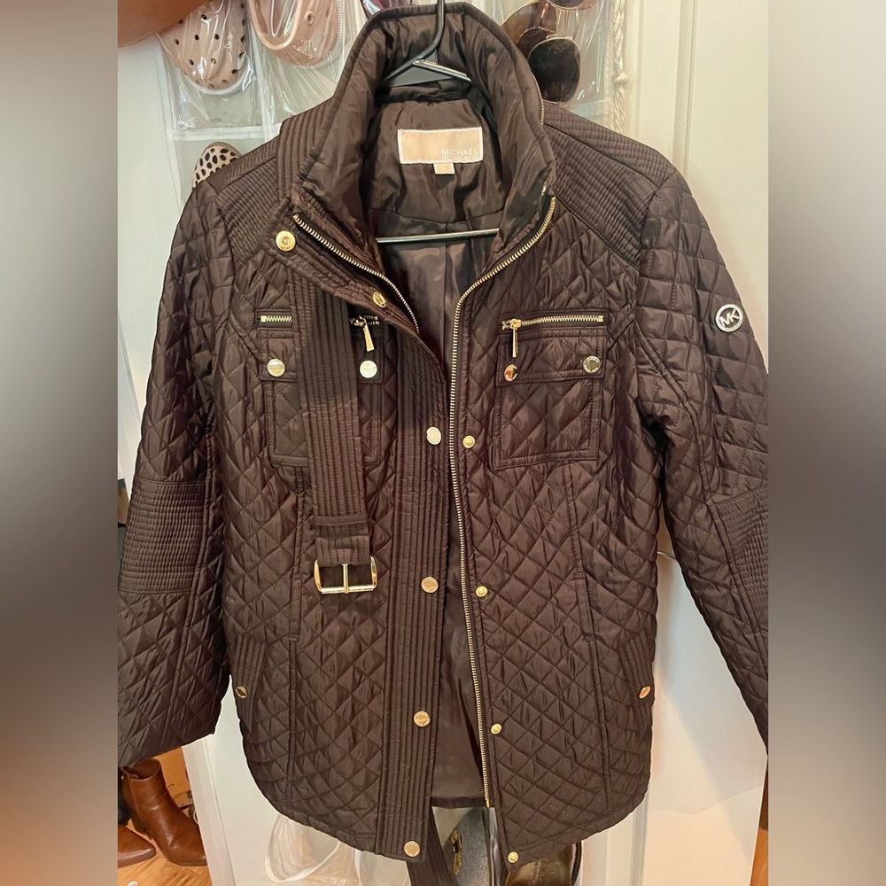 Beautiful Black and Gold Michael Kors belted jacket.